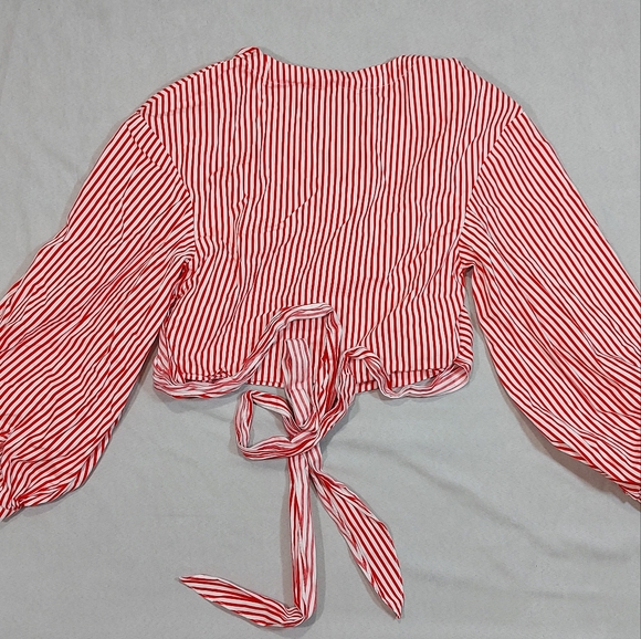 H&M Candy Stripe Red  White Cotton Tie Up Long Sleeve Blouse Top, Medium - Picture 8 of 14